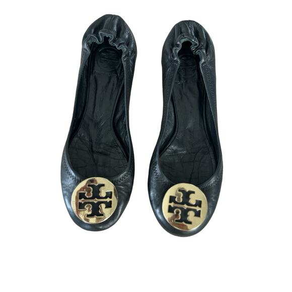 Tory Burch Leather Minnie Ballet Travel Flats in Perfect Black/Gold Size 7.5 - Picture 5 of 11